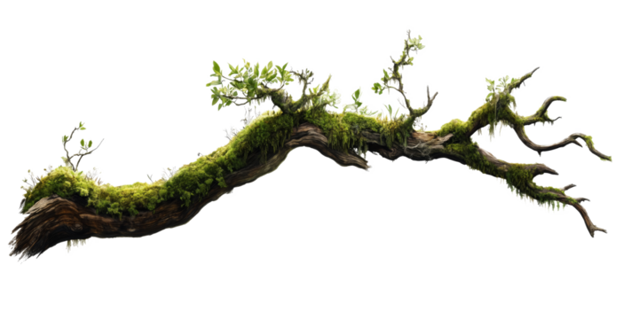 weathered tree branch, covered in patches of vibrant green moss, isolated on transparent background.