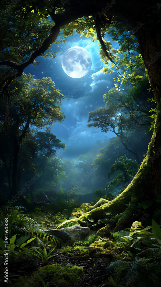 Wall mural  enchanted forest with moonlit canopy