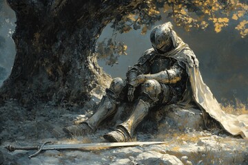 The Armor Clad Knight Underneath A Towering Old Tree