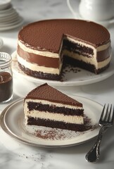 Decadent Chocolate Cake with Creamy Filling and Rich Cocoa Topping Displayed on Elegant Marble Surface