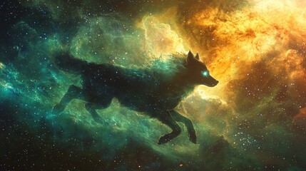 Obraz premium Celestial Dog with Glowing Eyes in Starry Fur Running Through Space
