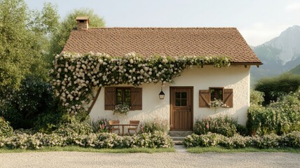 White Cottage with Blooming Vines and Mountain View