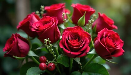 Fototapeta premium Bouquet of red roses with greenery and berries, fresh, arrangement