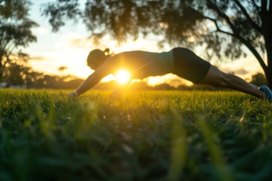 Athlete exercising outdoors, performing push ups on a grassy field during a vibrant sunset, promoting fitness and healthy lifestyle