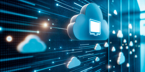 Conceptual cloud storage symbols on a digital networking background showing speed and efficiency