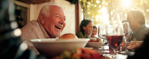 Family gathering at a restaurant with parents and grandparents enjoying a meal and laughing