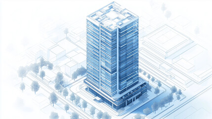 Fototapeta premium A 3D-rendered isometric architectural drawing of a multi-story skyscraper, showcasing intricate facade details and expansive glass windows