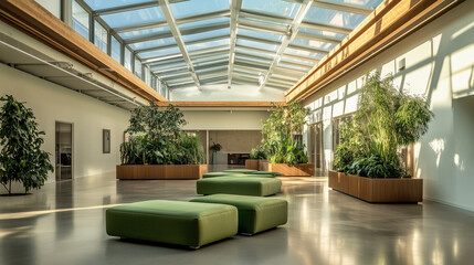 Fototapeta premium A beautifully designed modern atrium with expansive skylights casting soft, natural light over a sophisticated interior