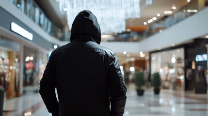 Thief alert in a shopping mall, security noticing unusual behavior. Featuring swift response and shopping center protection