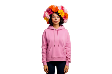 young woman with clown wig on white