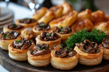 Fototapeta premium Delicious assortment of gourmet pastry appetizers featuring savory mushroom and herb toppings on flaky pastry bases, perfect for any party or gathering