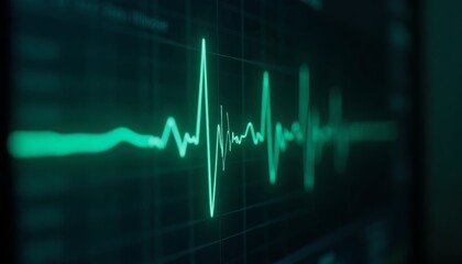 View of electrocardiogram (ECG, EKG) display featuring green waveform representing electrical activity of heart. Medical, healthcare, educational purpose, illustrating heart monitoring and diagnostics