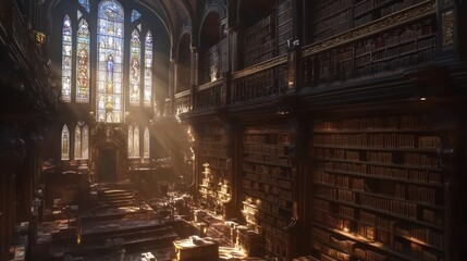 Fototapeta premium Sunlit grand library, stained glass, bookshelves, research, education