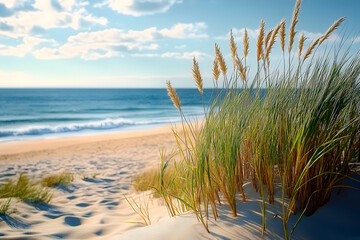 peaceful existence of sand dunes and lush beach grass by ocean, showcasing vibrant coastal plants, golden beaches, and interconnectedness of land and sea