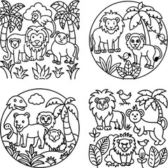 Jungle Safari Coloring Page for Kids, vibrant jungle scene with animals like lions, elephants, monkeys, and parrots, crafted as an exciting coloring page for children