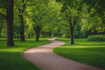 Winding path meanders through a vibrant green park, surrounded by lush trees, creating a serene and inviting atmosphere