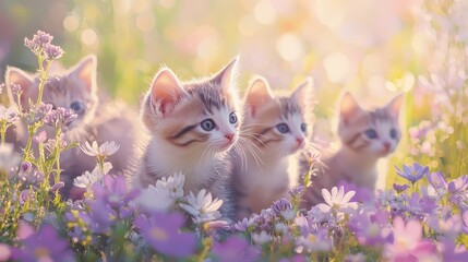 Adorable Kittens Engaging in Play Amidst Colorful Flower Meadow