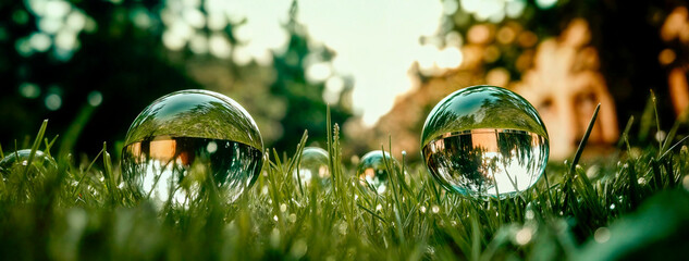 Conceptual rain drops on a grass lawn watering it showing growth and freshness in nature