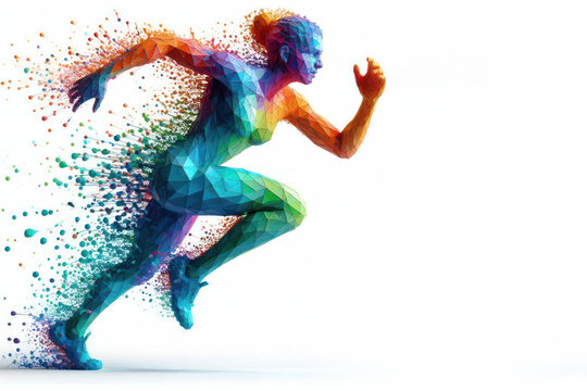 3d polygonal person running colorful splash contrast sharp on white background