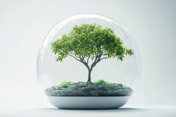 Small bonsai tree inside a glass globe symbolizing environmental balance