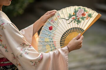 elegant japanese woman fold traditional paper fan