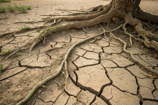 big tree root expand on barren land. Drought resilience cocept