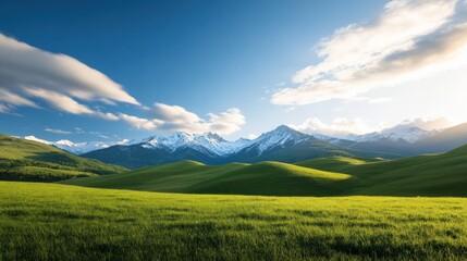 green field with snow capped mountains