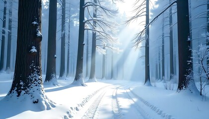 Naklejka premium The snowy forest road with sunlight peeking through the trees