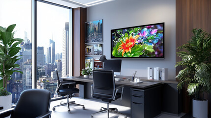 Stylish office with black desk and panoramic city skyline