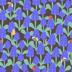 Grape Hyacinth and Garden Insects, Spring Flower Seamless PatternGrape Hyacinth and Garden Insects, Spring Flower Seamless Pattern