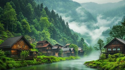 Fototapeta premium Misty Mountain Village by River Surrounded by Lush Green Trees