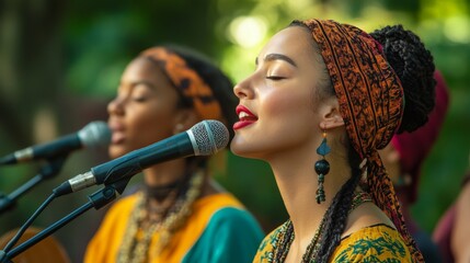 Two women singing passionately at an outdoor music event, surrounded by lush greenery