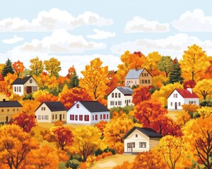 Autumn Landscape with Colorful Trees and Cozy Houses in Nature