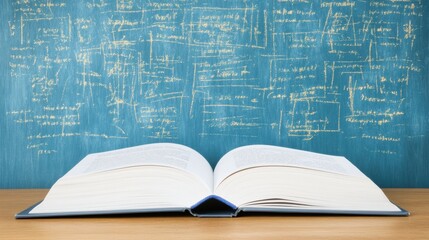 An open book rests on a wooden surface, with a blue chalkboard background filled with mathematical equations and diagrams.