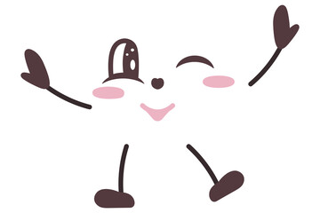 Face with positive emotions, hands raised up, legs dancing. Winking facial expression. Smile, blush. Color vector illustration. Isolated white background.  Idea for web design.