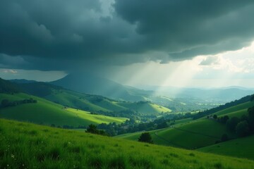 Fototapeta premium Rolling hills drenched in rain, brooding sky filled with dark clouds , landscape photography, rainy