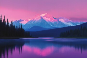 Breathtaking sunset illuminating snowy peaks reflected in a serene lake, creating a vibrant and tranquil landscape