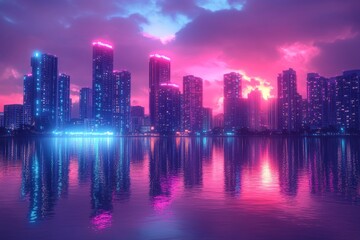 Fototapeta premium Colorful retro-inspired skyline reflecting in water at sunset