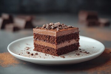 Delicious chocolate cake slice on a white plate with blurred background