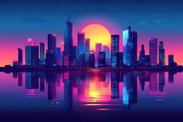 Fototapeta premium Vibrant retro skyline at sunset with reflections over a calm water surface in a synthwave aesthetic