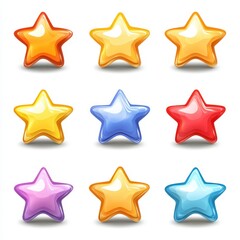 Obraz premium A vibrant grid of glossy stars in various colors, including orange, yellow, blue, red, and purple, arranged in a 3x3 layout.