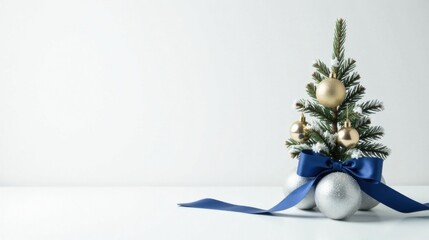 Miniature Festive Evergreen Decorated with Gold and Silver Ornaments and a Navy Blue Bow