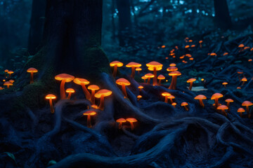 Orange glowing mushrooms growing near a tree with big roots in a dark forest, creating a magical atmosphere
