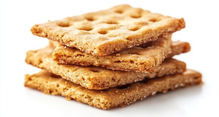 Delicious Stacks of Crunchy Golden Graham Crackers Perfect for Snacking or Dessert Recipes on a Clean White Background