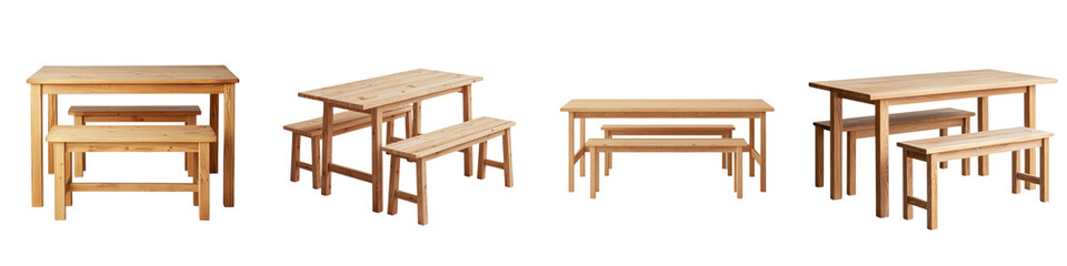 Assortment of contemporary minimal and natural wooden dining room furniture including tables benches and sets for home and kitchen interior design