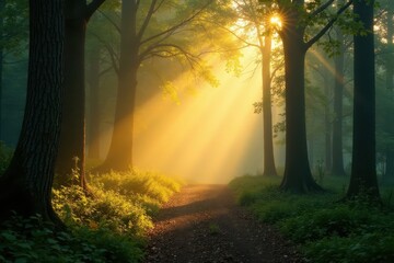 Golden light shafts illuminate foggy woods, dappled shadows , golden hour, mystical, trees