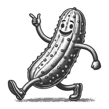 recommend clip art: cheerful pickle cartoon character walking with a smile, wearing shoes and striking a fun pose sketch engraving generative ai vector illustration. Scratch board imitation. Black and white image.
