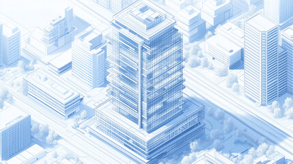 A clean, sophisticated isometric rendering of a city skyline, highlighting a high-tech, multi-story business tower with an intricate blueprint aesthetic