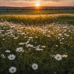 A peaceful field under a vibrant sunset sky, with white daisy chains lying in the grass.