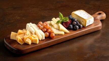 A wooden platter showcases a variety of cheeses, fruits, and herbs, creating an appetizing and elegant display for a gourmet snack or appetizer.